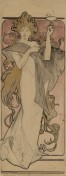 A full-length figure of a woman with stylised blond hair forming arabesques around her body wears a white dress with a pale blue shawl and holds a glass of champagne at face-level with her left hand